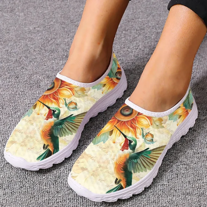 Women Shoes Tennis - Лоферы с принтом колибри и подсолнуха,
